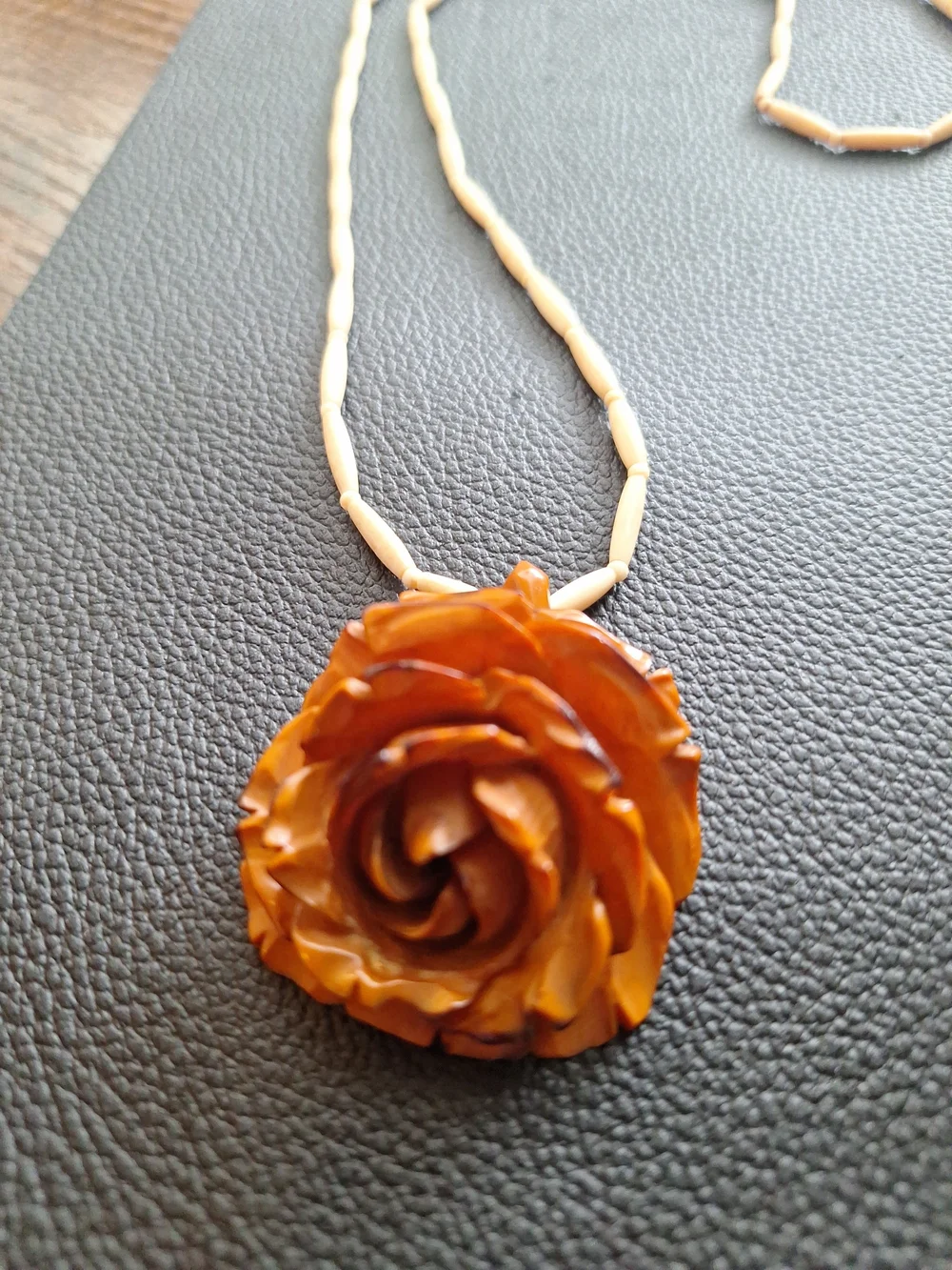 Bakelite Rose Pendant Butterscotch Carved Flower 1900s Carved Necklace Antique